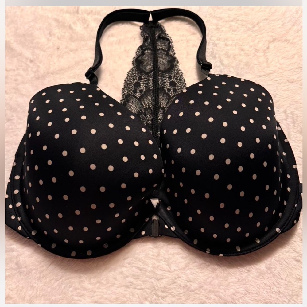 New Black Polka Dot Victoria Secret Demi Front Closure Racerback UnderWire Bra